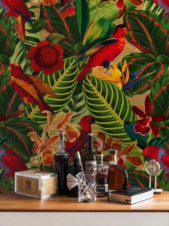 טפט Tropical Jungle with Red Parrots-dark