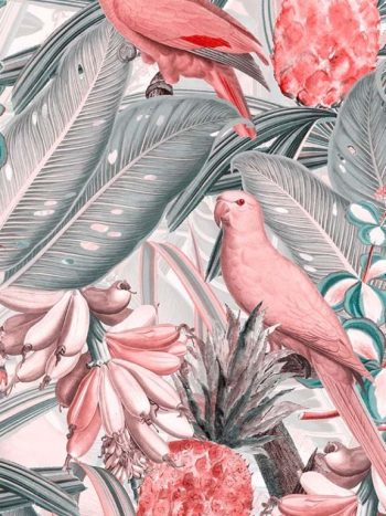 Colorful Birds in Jungle with Bananas – Pink Grey