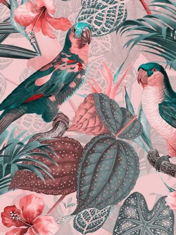 Parrots with Orchids and Hibiscus in Jungle – Pink Grey