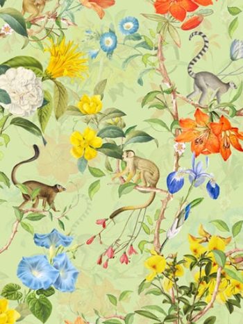 Pastel Tropical Monkey And Flowers Chinoiserie Green