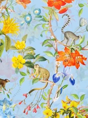 Pastel Tropical Monkey And Flowers Chinoiserie Blue