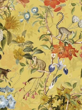 Pastel Tropical Monkey And Flowers Chinoiserie Mustard