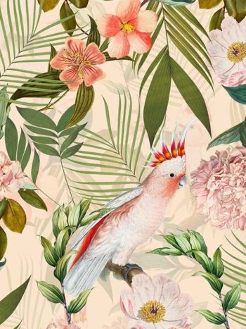 Pink Cockatoos Flowers And Palm Leaves – peach