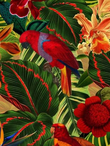 Tropical Jungle with Red Parrots Dark