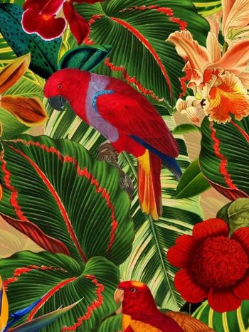 Tropical Jungle with Red Parrots