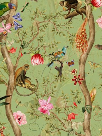 Vintage Birds and Monkeys Chinoiserie Green