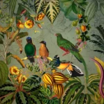 Green Tropical Birds with Yellow Flowers Mural