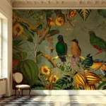 ⁦Green Tropical Birds with Yellow Flowers Mural⁩ – תמונה ⁦2⁩
