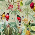 Red Tropical Birds with Fruit and Flowers Mural