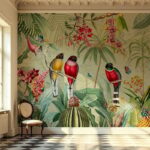 ⁦Red Tropical Birds with Fruit and Flowers Mural⁩ – תמונה ⁦2⁩