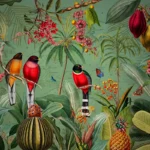 Red Tropical Birds with Fruit and Flowers – Darker Mural