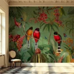 ⁦Red Tropical Birds with Fruit and Flowers – Darker Mural⁩ – תמונה ⁦2⁩