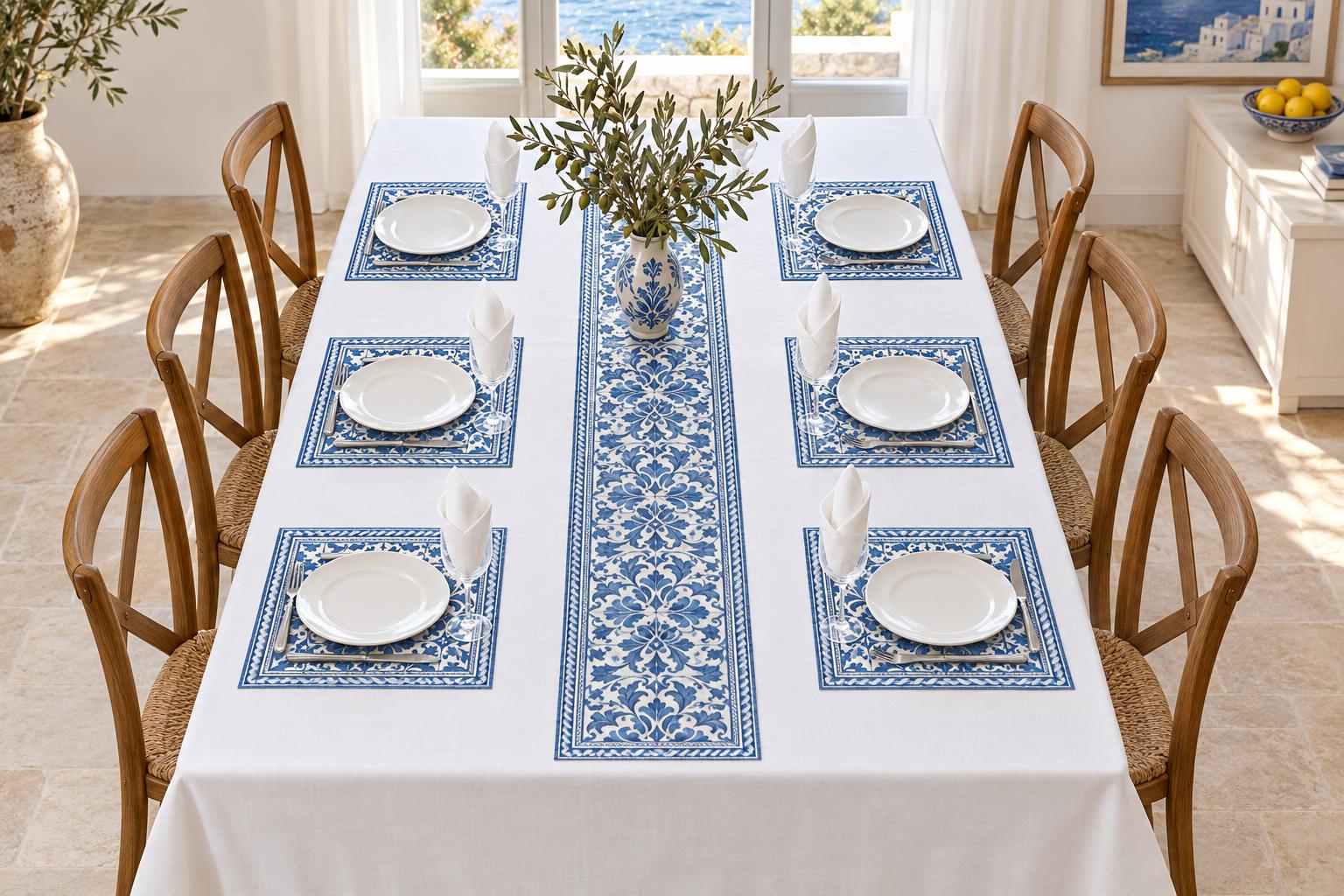 שולחן חגיגי עם מפה לבנה, פלייסמטים וראנר בדוגמה אזולז׳ו